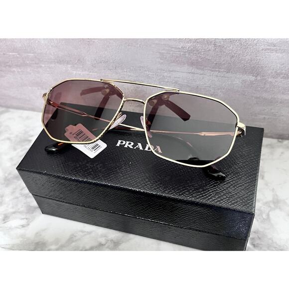 NWT PRADA 60mm Gold Tone Geometric Pilot Sunglasses Case & Cloth ~ HTF main image 8